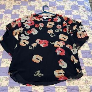 CAbi Black Blouse with Red and Cream Floral Design